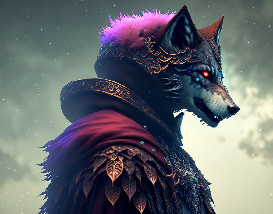 Anthropomorphic wolf in ornate armor under starry sky