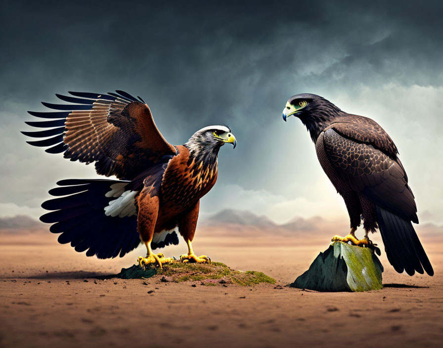 Majestic eagles on rock in desert landscape under stormy sky