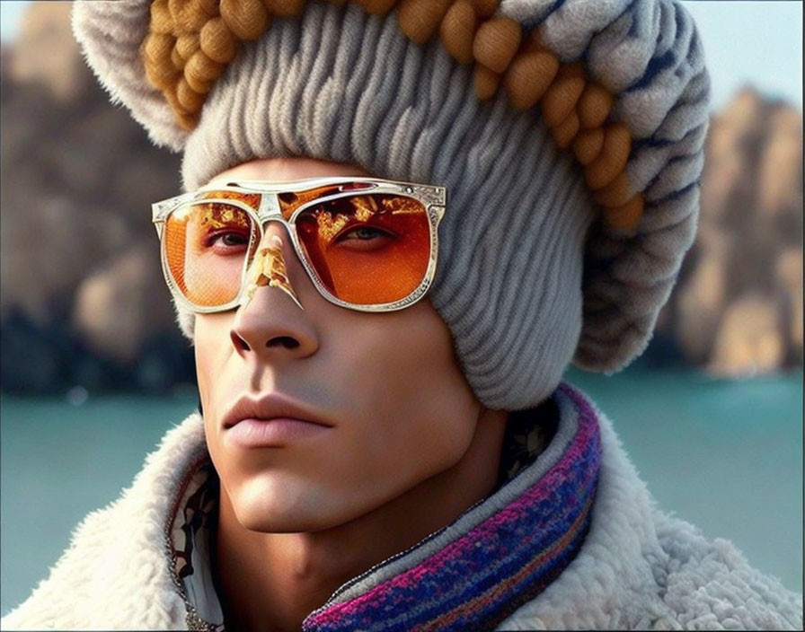 Stylish Knit Hat and Orange Mirrored Sunglasses Reflecting Coastal Landscape