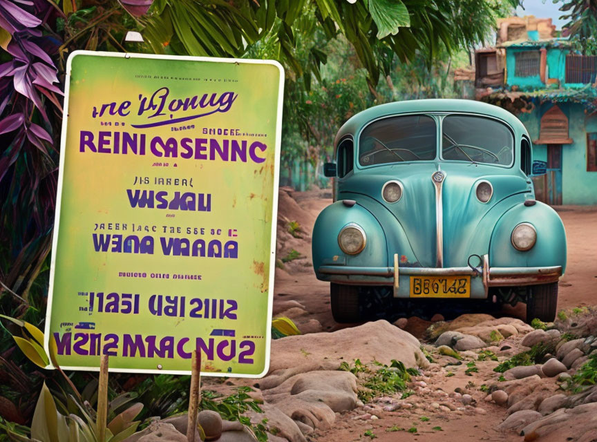 Classic Blue Car Parked Near Weathered Signpost in Tropical Setting