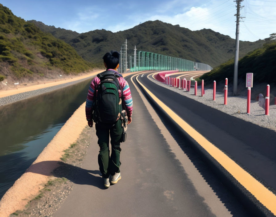 Backpacker walking on narrow path by canal and road