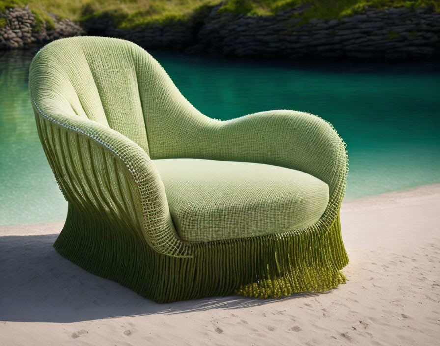 Green armchair with textured fabric and fringe detail on sandy shore by turquoise water.