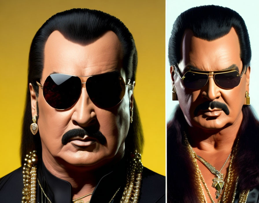 Stylized man with black mullet, mustache, aviator sunglasses, gold jewelry, and