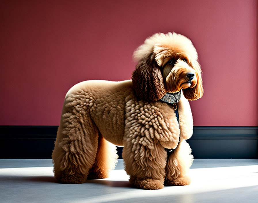 Brown Poodle in Room with Burgundy Wall