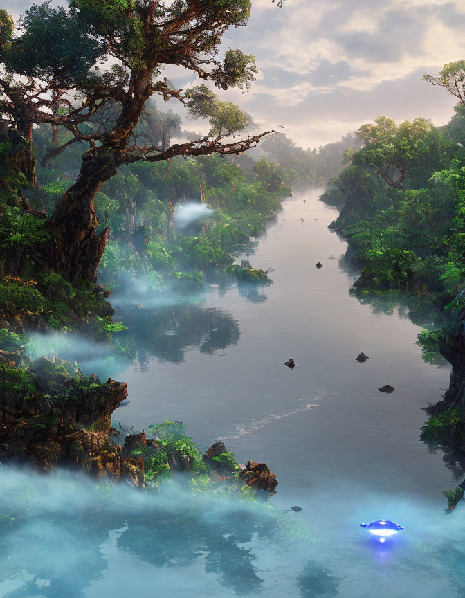 Tranquil river scene with misty forests and glowing blue entity above water