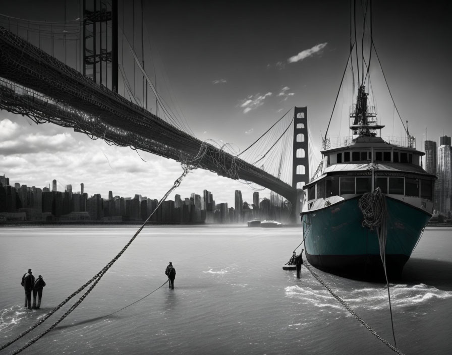 Surreal monochrome image: ship tethered to bridge, people on ropes over water.