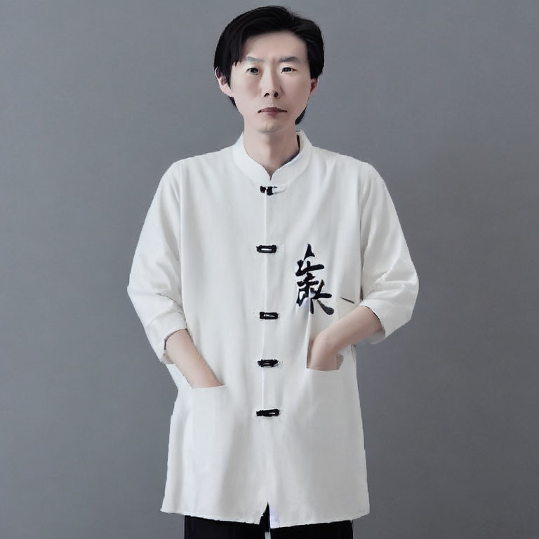 Traditional Chinese Garment with Black Frog Buttons on Man