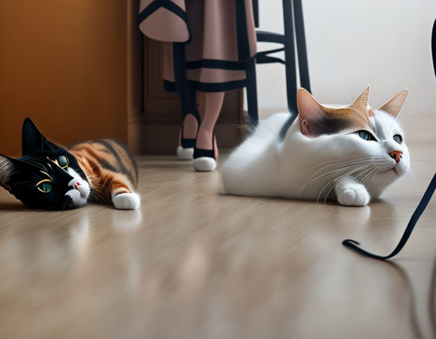 Two Cats on Wooden Floor, Black & White and White with Brown Patches, Looking at Camera