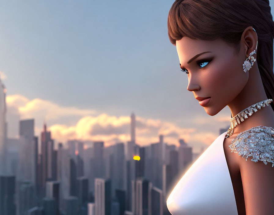 Woman with elegant jewelry admiring cityscape at sunset in warm tones