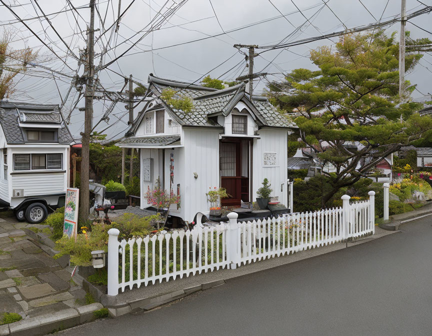 Traditional white house with tiled roof and picket fence on street with camper van.