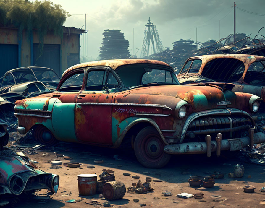 Abandoned rusty vintage cars in a scrapyard under a cloudy sky