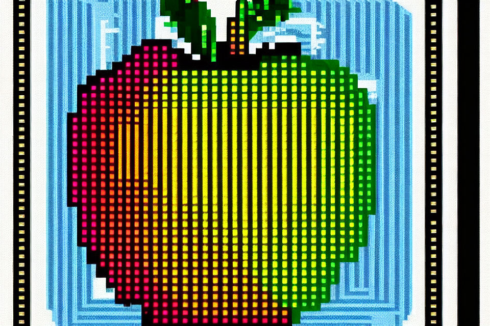 Colorful Pixel Art: Apple Gradient on Blue Striped Background