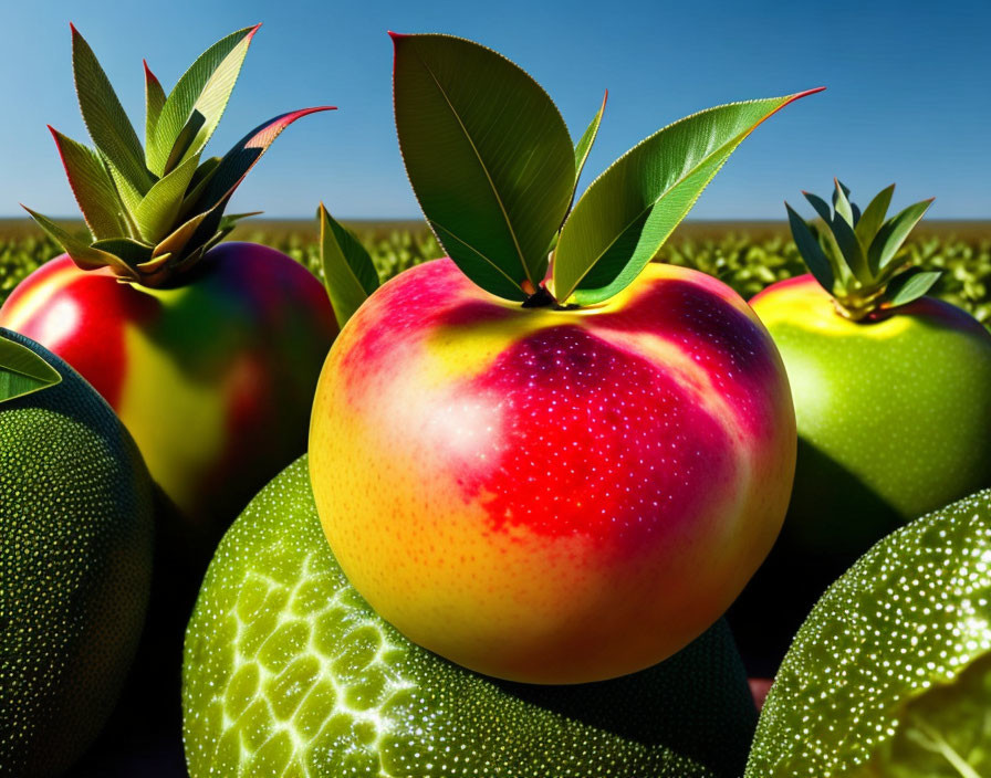 Vibrant ripe apple with red to yellow gradient in close-up.