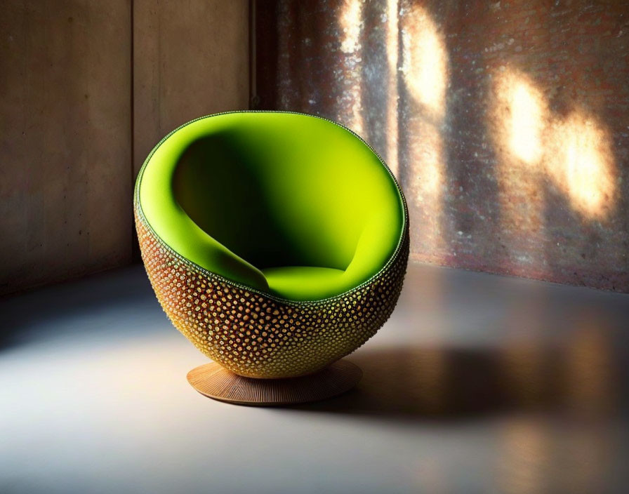 Modern spherical chair with bright green interior on wooden floor against rustic brick wall.