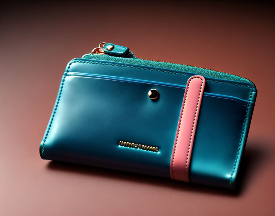 Teal Wallet with Pink Edging and Zipper Detail on Brown Background