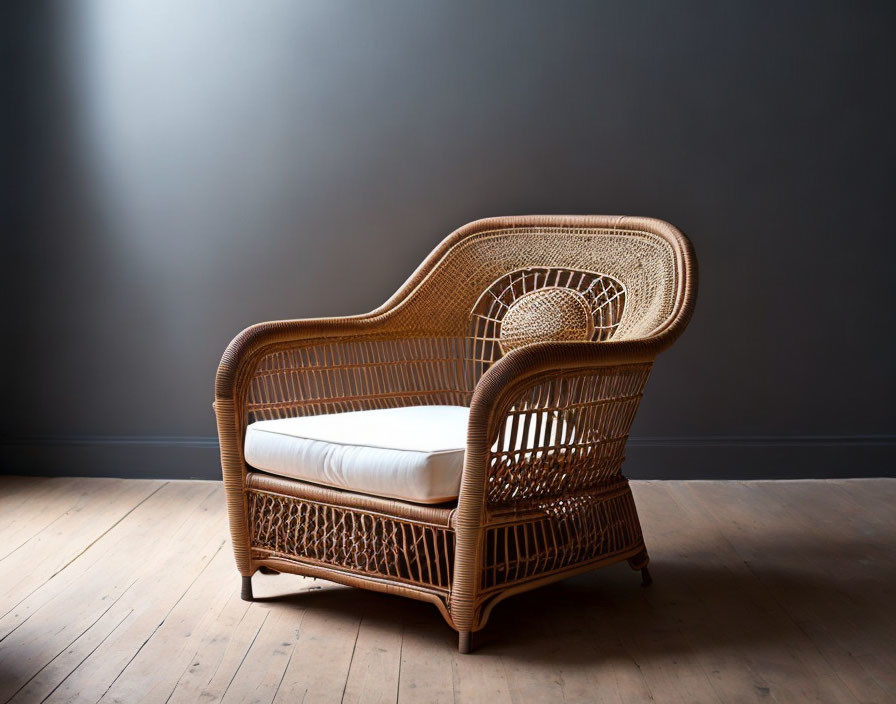 Vintage Wicker Armchair with White Cushion on Dark Gray Wall