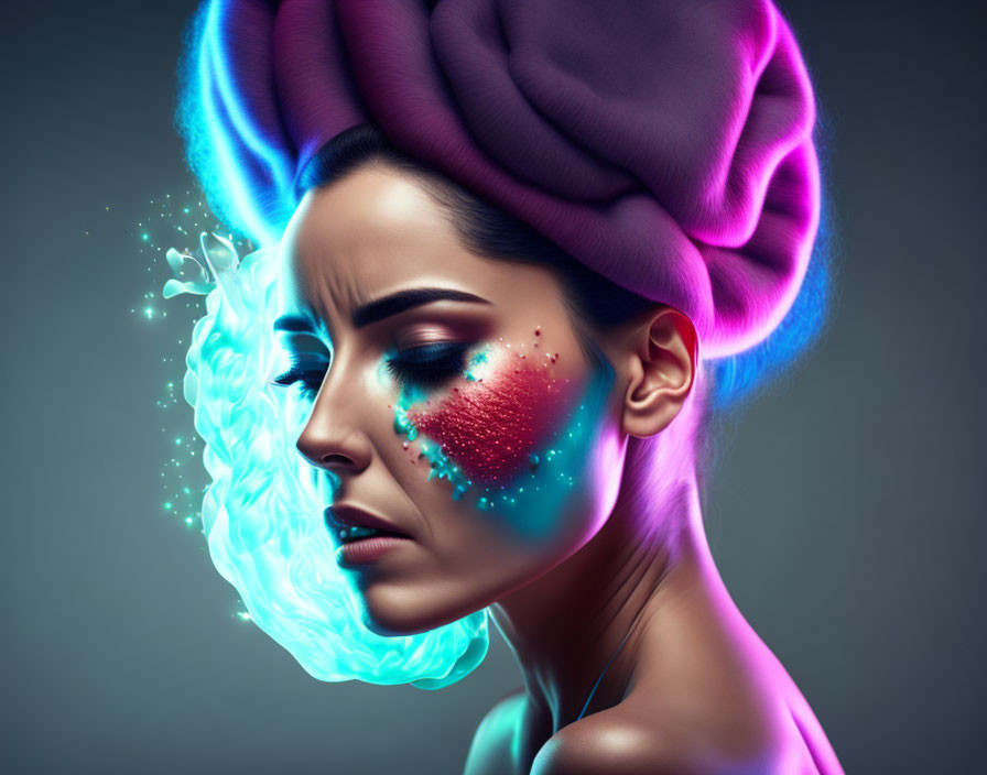 Colorful Turban Woman with Glitter Face Paint and Ethereal Wolf