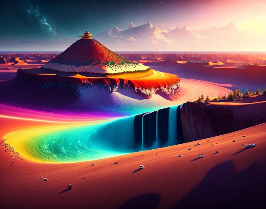 Colorful waterfall cascades from pyramid in surreal landscape