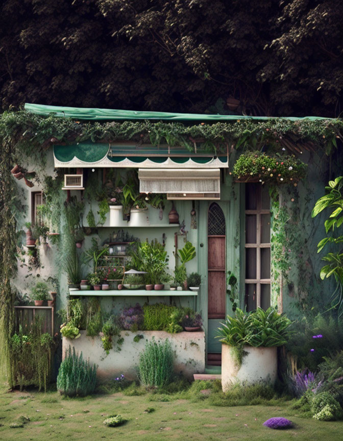 Ivy-covered house with lush greenery and wooden door