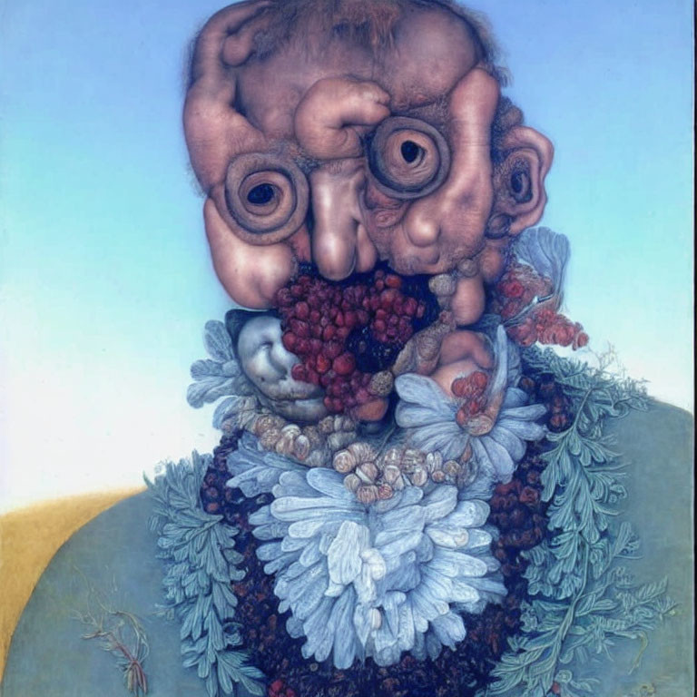 Surreal painting of face with multiple eyes, noses, beard of flowers and berries on soft blue