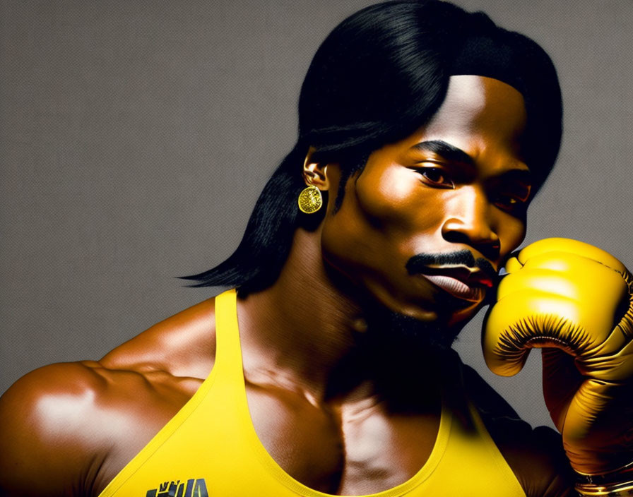 Portrait of a person with mustache and goatee in yellow tank top with gold boxing gloves