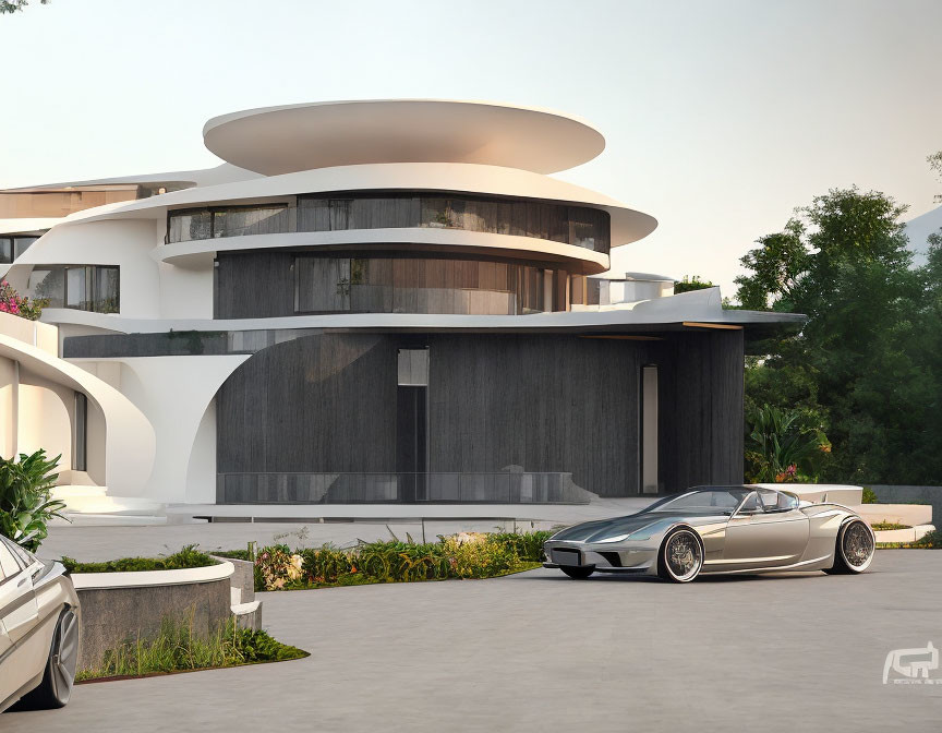 Modern House with Curved White Balconies and Sports Cars in Driveway