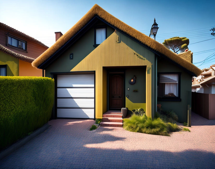 Quaint Green House with Thatched Roof and Brick Driveway