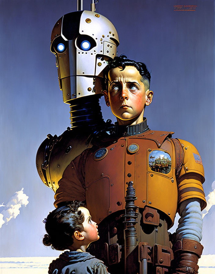 Young boy and child observe expressive humanoid robot under blue sky.