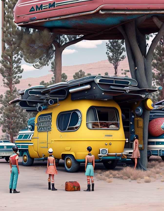 Retro-futuristic yellow bus scene with three people and stylized tree