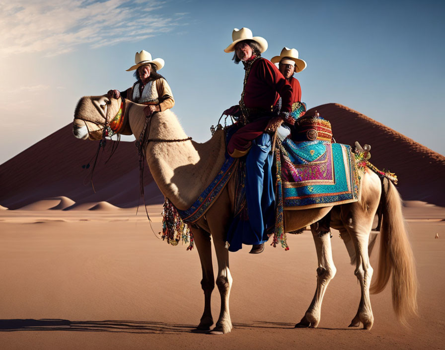 Wide-brimmed hats on two riders with decorated camel in desert landscape