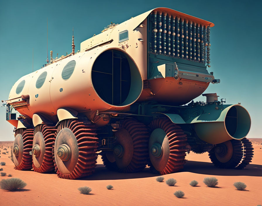 Futuristic multi-wheeled rover on barren desert landscape