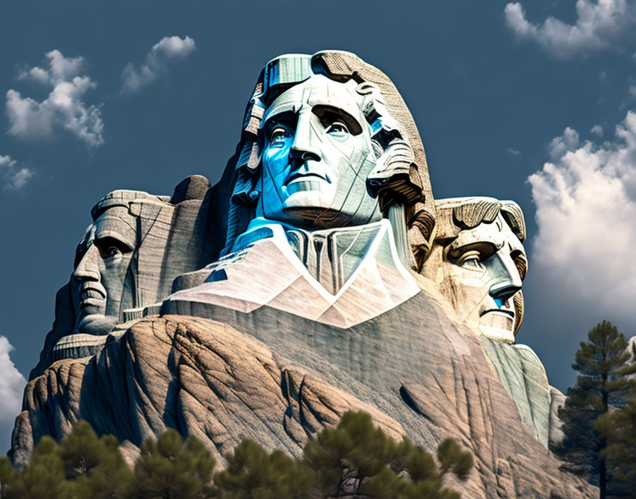 Iconic Mount Rushmore with blue light on presidential face under cloudy sky