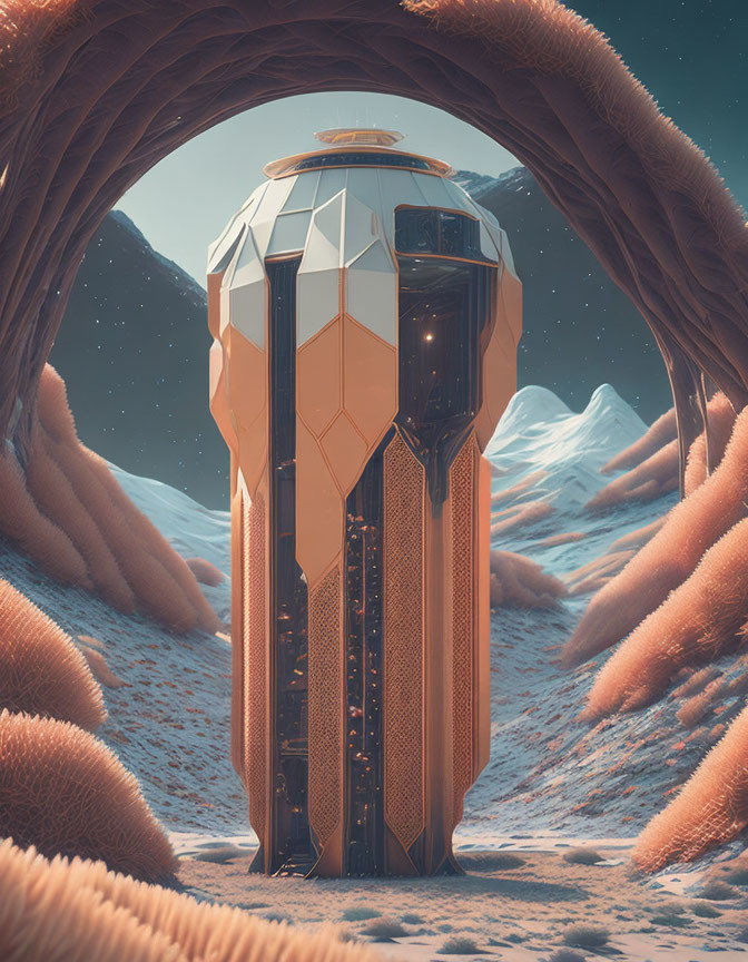 Golden futuristic tower with dome in desert landscape surrounded by arches