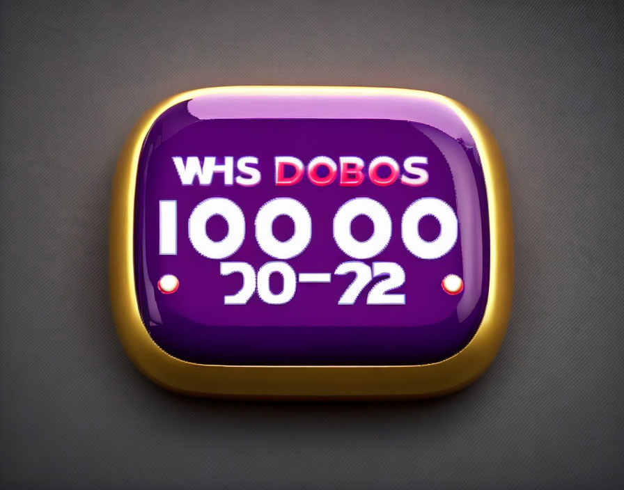 Gold-framed purple button with "WHS DOBOS" text, numbers, and red dots