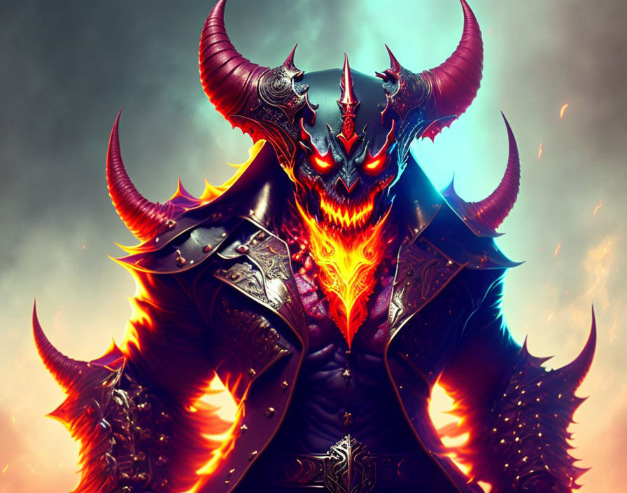 Sinister demon with glowing red eyes and fiery armor in mystical setting