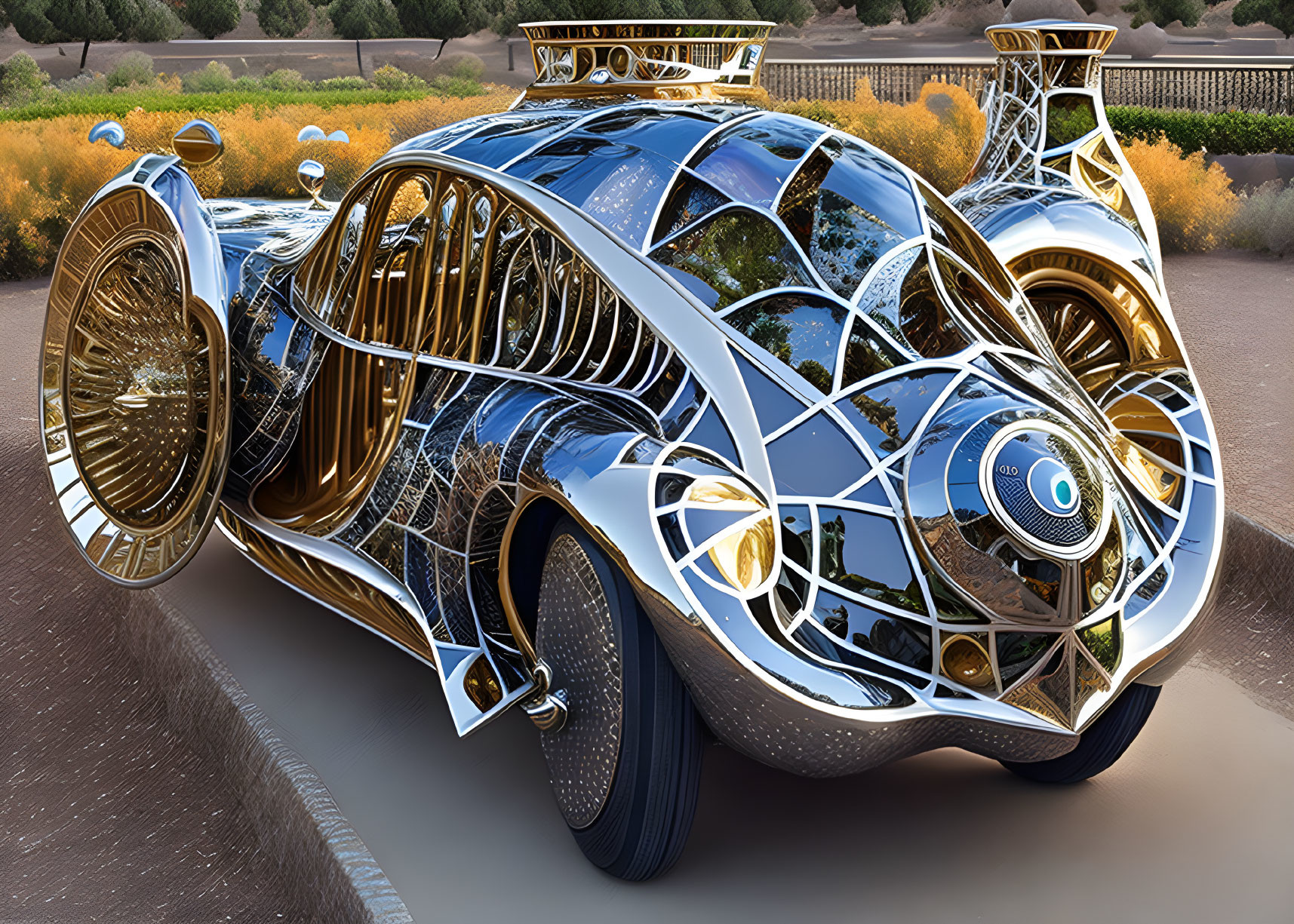 Elaborate Blue Futuristic Car with Golden Accents