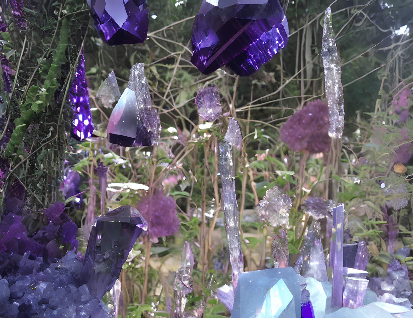 Purple and Clear Crystal Formations in Enchanting Garden