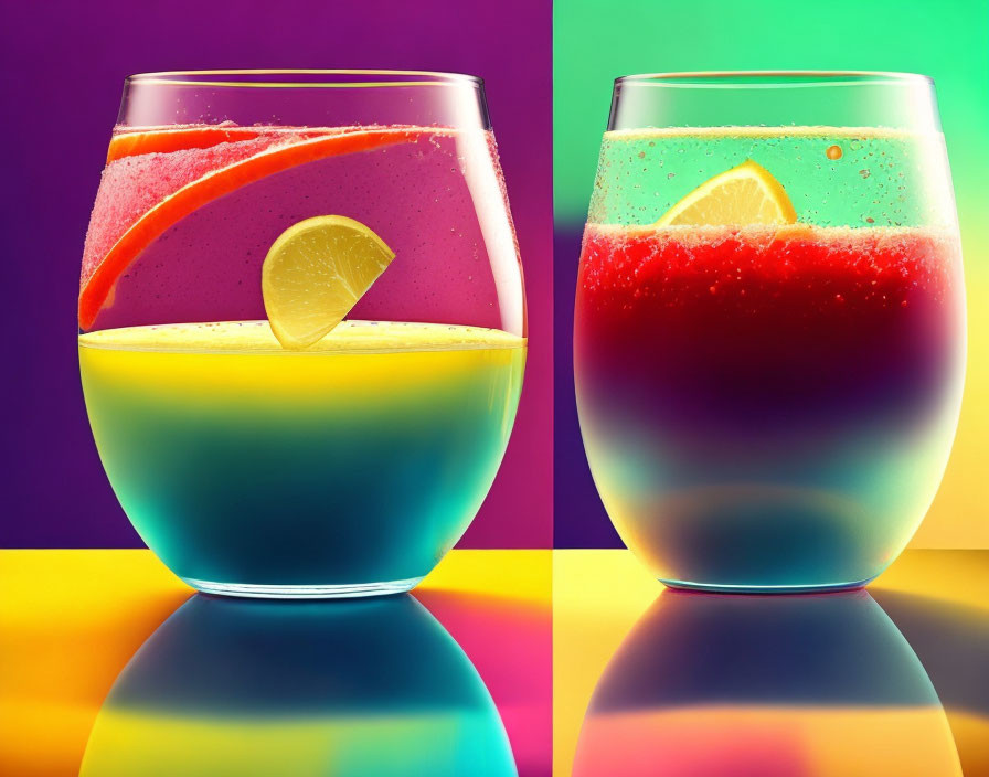 Colorful Gradient Drinks with Citrus Slices on Vibrant Reflective Surface