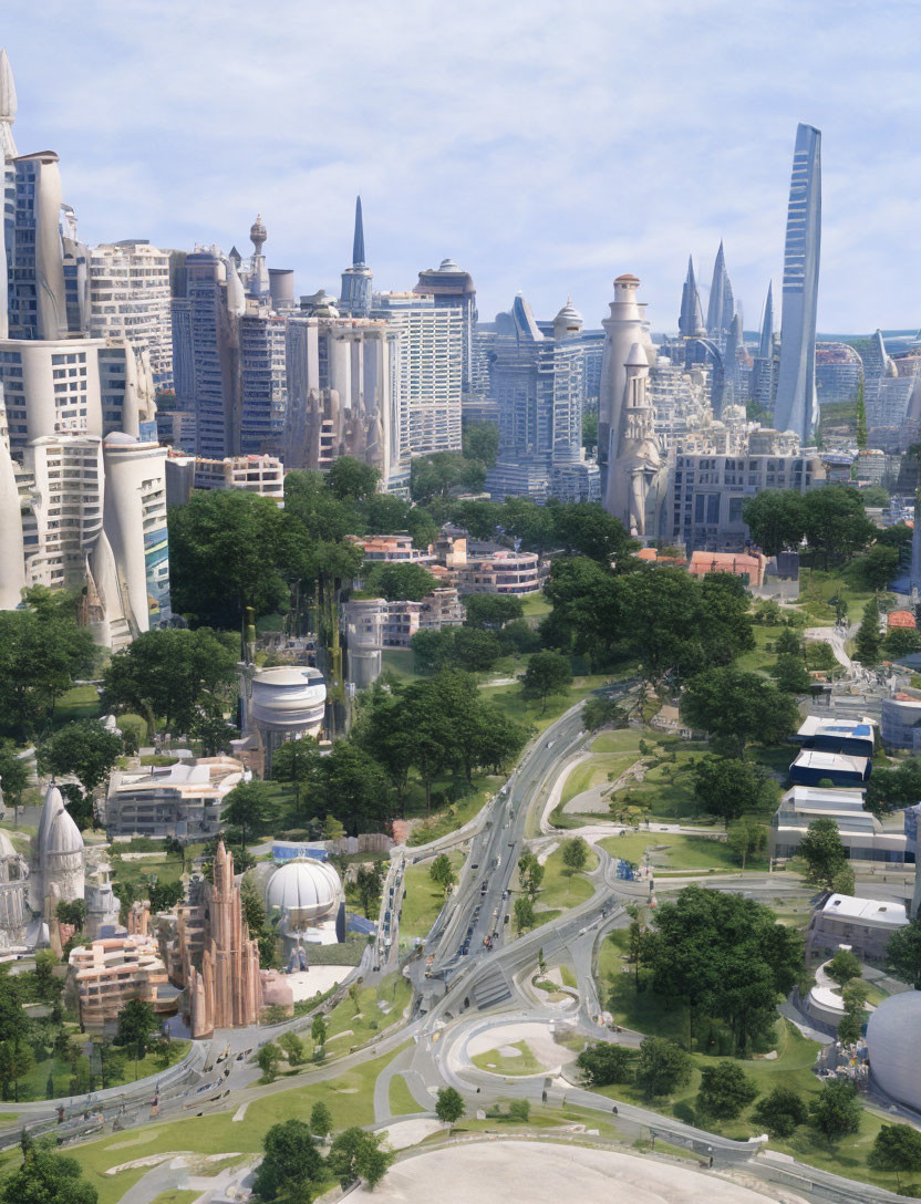 Futuristic cityscape with eclectic architecture and skyscrapers