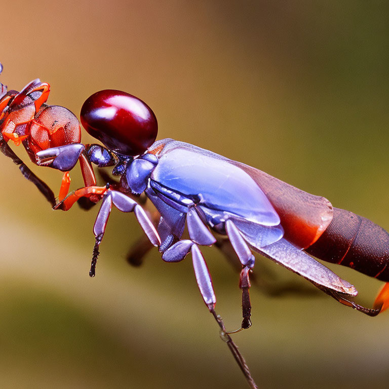 Detailed Close-Up of Red and Blue Ant on Twig