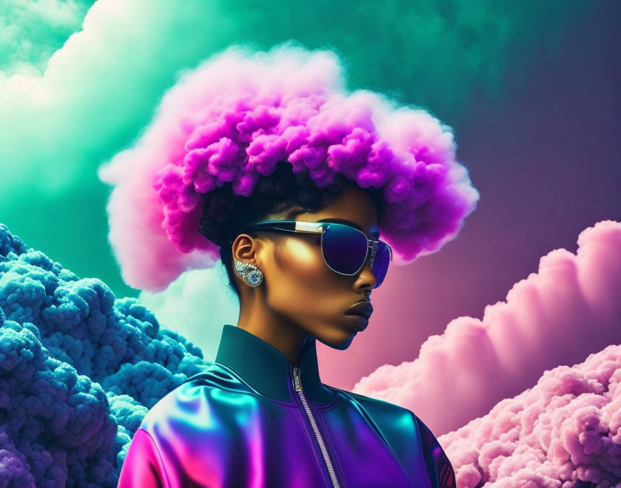 Person with Purple Afro Hair in Blue Jacket on Multicolored Cloud Background