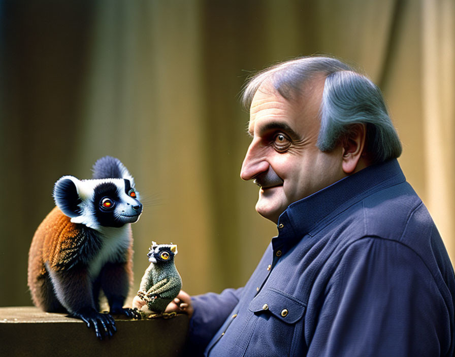 Man Smiling at Lemur and Owl Figurine on Box