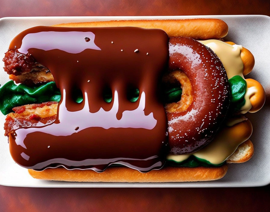 Whimsical cartoon eyes on chocolate-covered donut with bacon and green icing