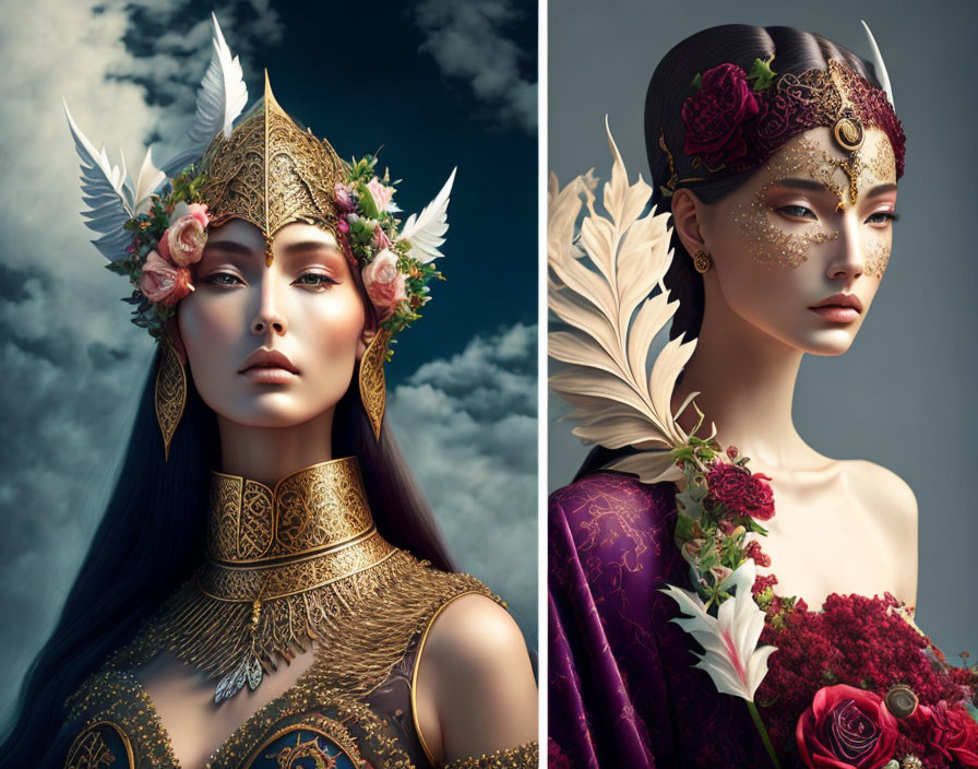 Artistic portraits of a woman in fantasy headdresses against a moody backdrop