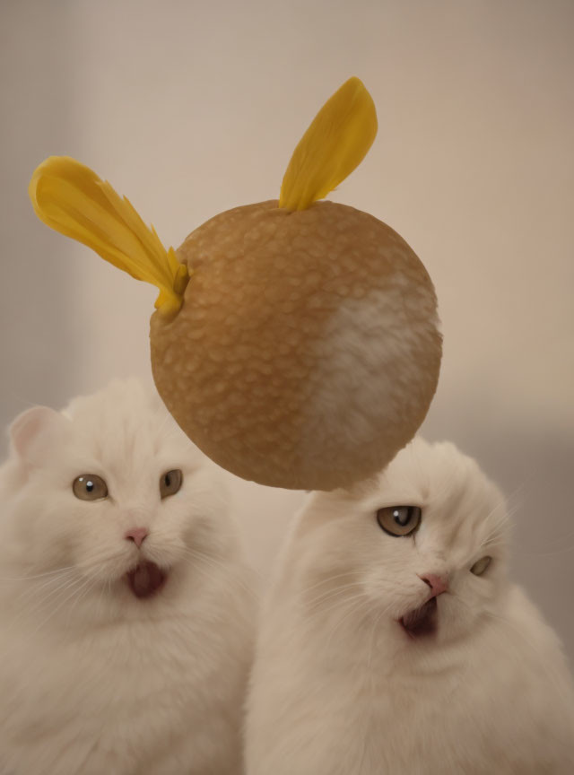 Two Surprised White Fluffy Cats with Lemon Attached to Head