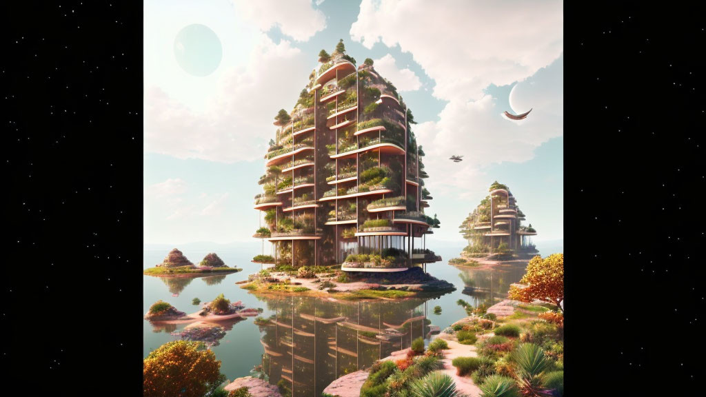 Futuristic towers with lush greenery in a serene, otherworldly habitat.