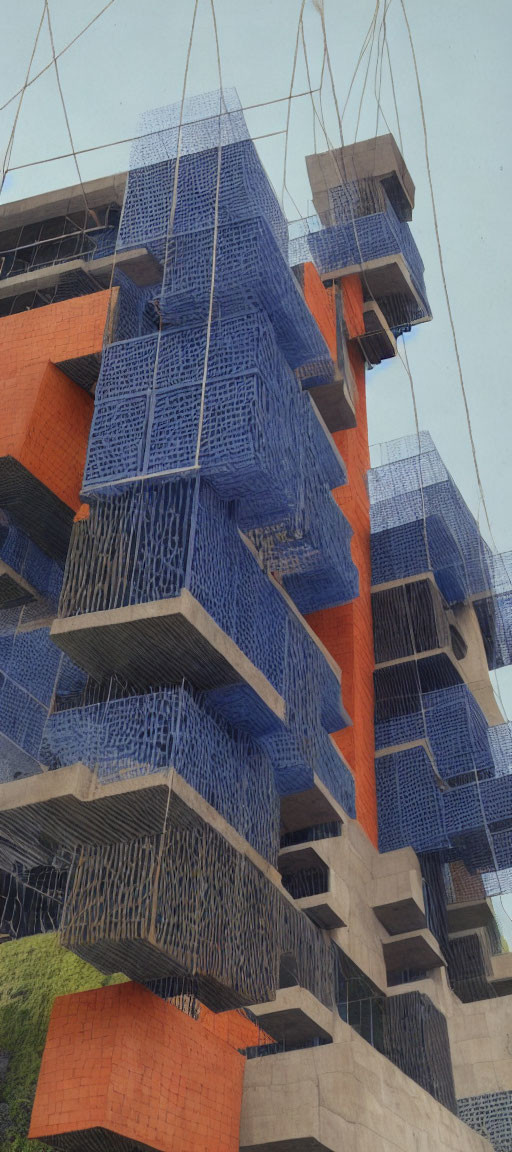 Modern Building with Orange Facade and Blue Mesh Balconies against Clear Sky