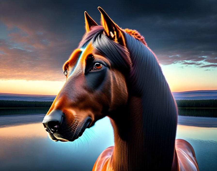 Exaggerated horse digital art at sunset with reflective water