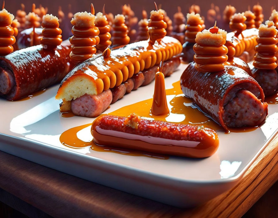 Honey-glazed sausages with honeycombs on white plate