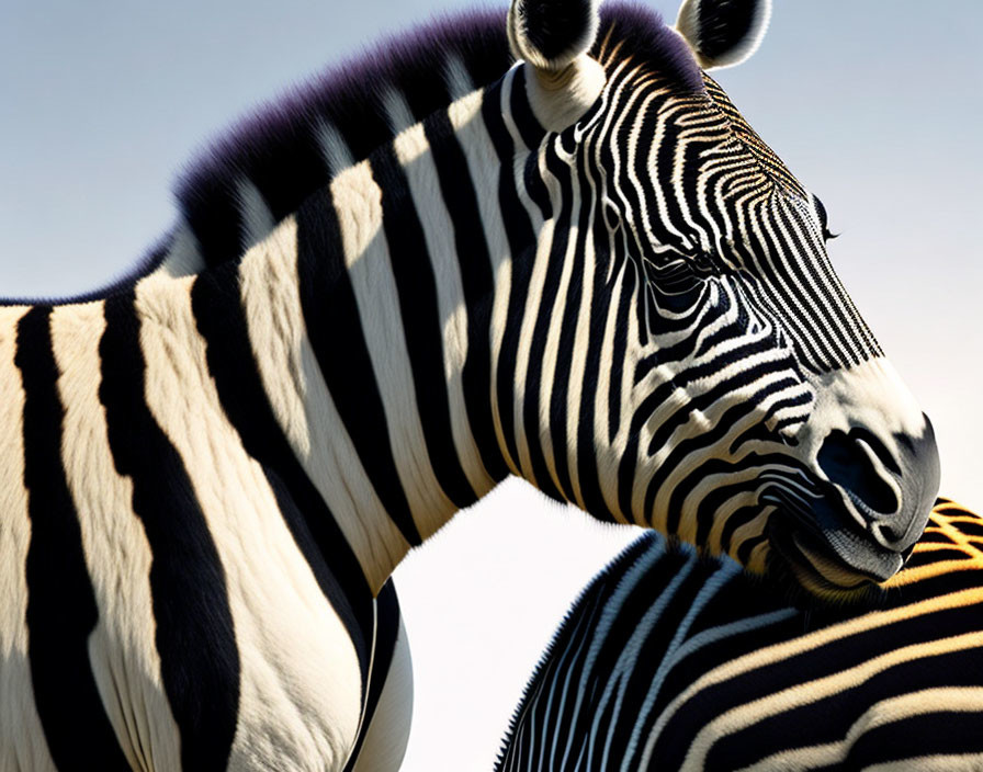 Zebra Close-Up with Black-and-White Stripes against Blue Sky